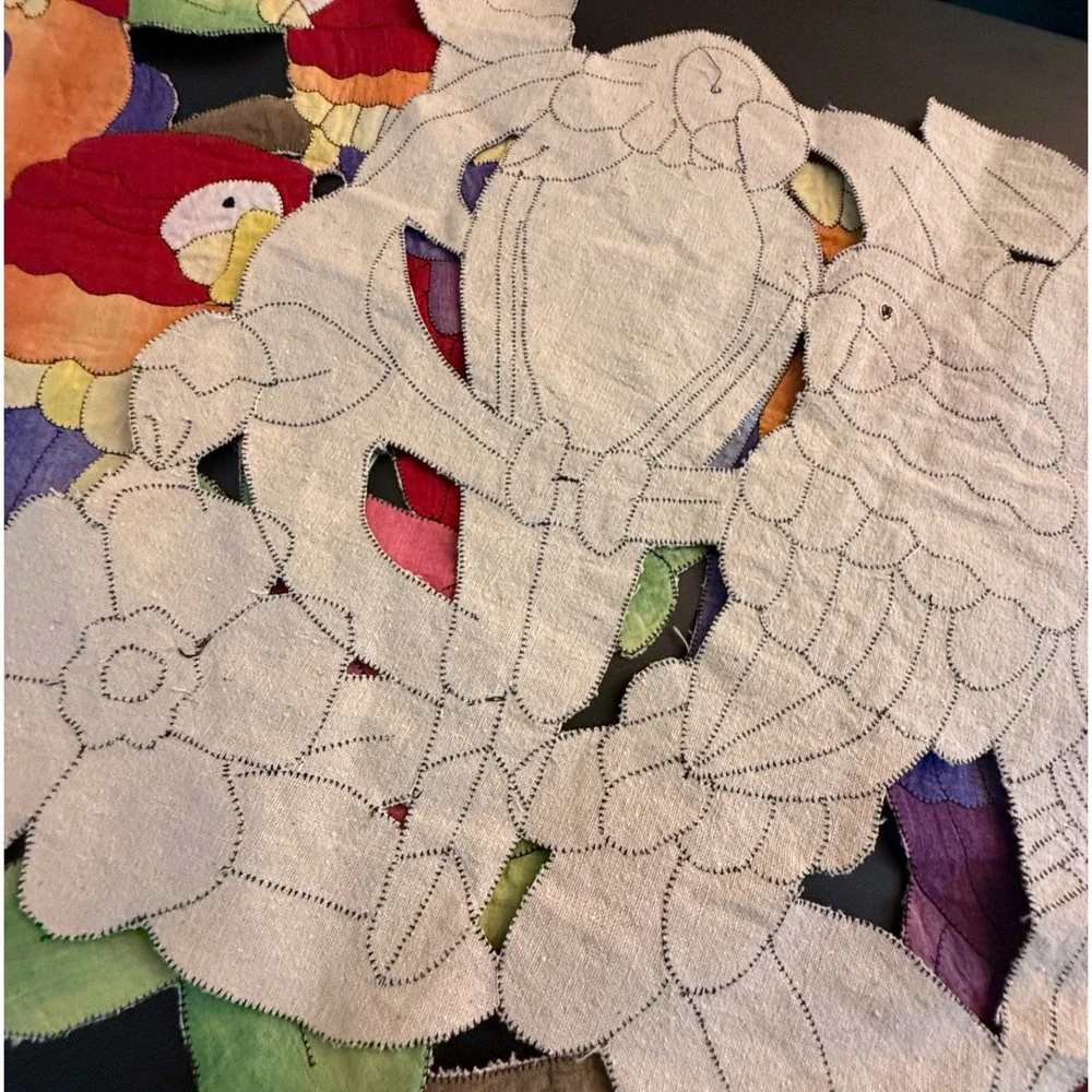 Vintage Mola Style Applique Parrot Table Runner Tropical Floral‎ Hand Stitched